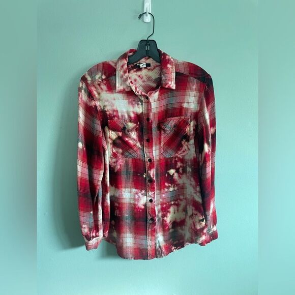 Handmade Upcycled Bleached Tie Dye Red and Black Plaid Button-Up Shirt Womens XS - Picture 1 of 6